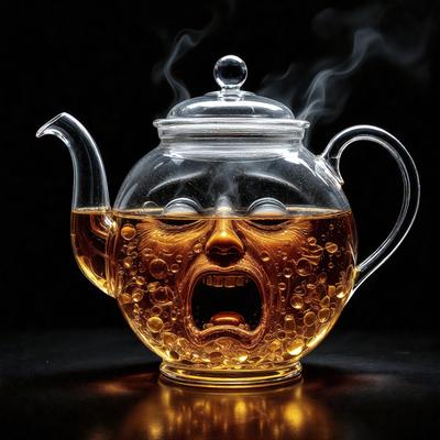 The primary subject of the image is a teapot with a face drawn on it. The teapot is filled with tea, and it appears to be a creative and artistic representation of a face. The setting is a dark room, which adds to the dramatic and mysterious atmosphere of the scene. The visual style is a combination of digital art and illustration, creating a unique and eye-catching design. The dominant colors are shades of brown and black, which contribute to the overall mood of the image.
